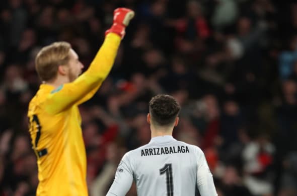 LONDON, ENGLAND - FEBRUARY 27: A dejected Kepa Arrizabalaga of Chelsea after missing his penalty meaning Liverpool win the Carabao Cup Final match between Chelsea and Liverpool at Wembley Stadium on February 27, 2022 in London, England. (Photo by Matthew Ashton - AMA/Getty Images)