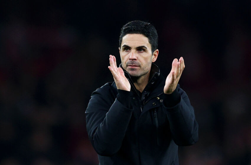 Mikel Arteta applauds the fans after the Champions League match between Arsenal and Sevilla at the Emirates Stadium on November 08, 2023 in London, England. (Photo by Clive Rose/Getty Images)