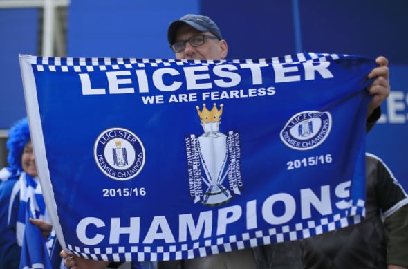 LEICESTER, ENGLAND - MAY 03: Leicester reacts to Leicester City's Premier League Title Success on May 03, 2016 in Leicester, England. (Photo by Matthew Lewis/Getty Images)