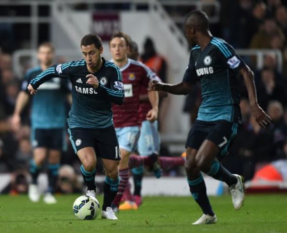 Eden Hazard dribbles by West Ham defenders in Chelsea's victory. PHOTO COURTESY of @ChelseaFC Twitter Account.